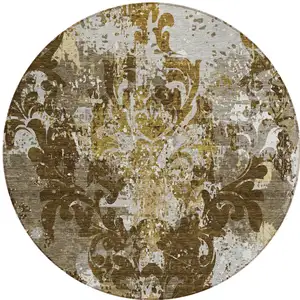 Photo of 8' Brown Green And Ivory Round Damask Washable Indoor Outdoor Area Rug