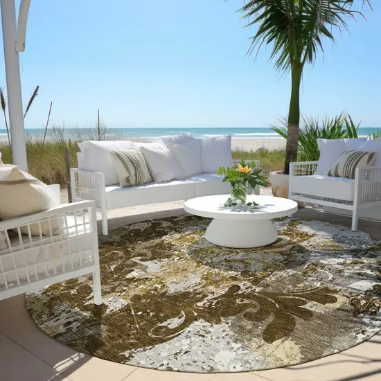 8' Brown Green And Ivory Round Damask Washable Indoor Outdoor Area Rug Photo 7
