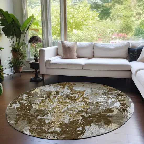 8' Brown Green And Ivory Round Damask Washable Indoor Outdoor Area Rug Photo 8