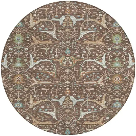 8' Brown Green And Ivory Round Floral Washable Indoor Outdoor Area Rug Photo 4