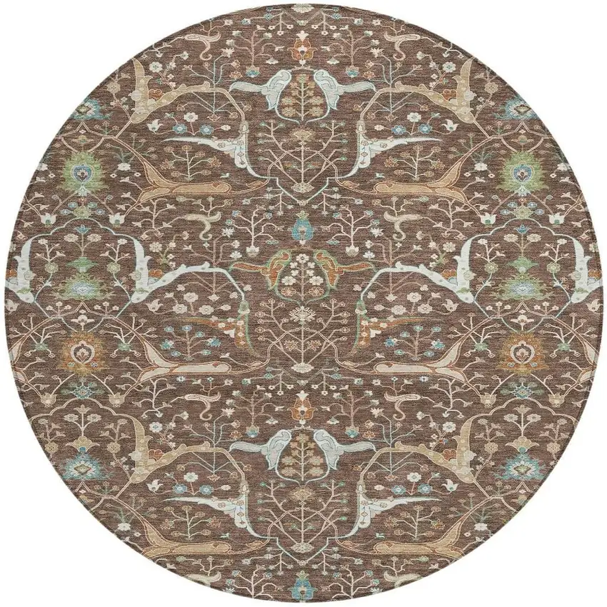 8' Brown Green And Ivory Round Floral Washable Indoor Outdoor Area Rug Photo 4