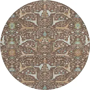 Photo of 8' Brown Green And Ivory Round Floral Washable Indoor Outdoor Area Rug