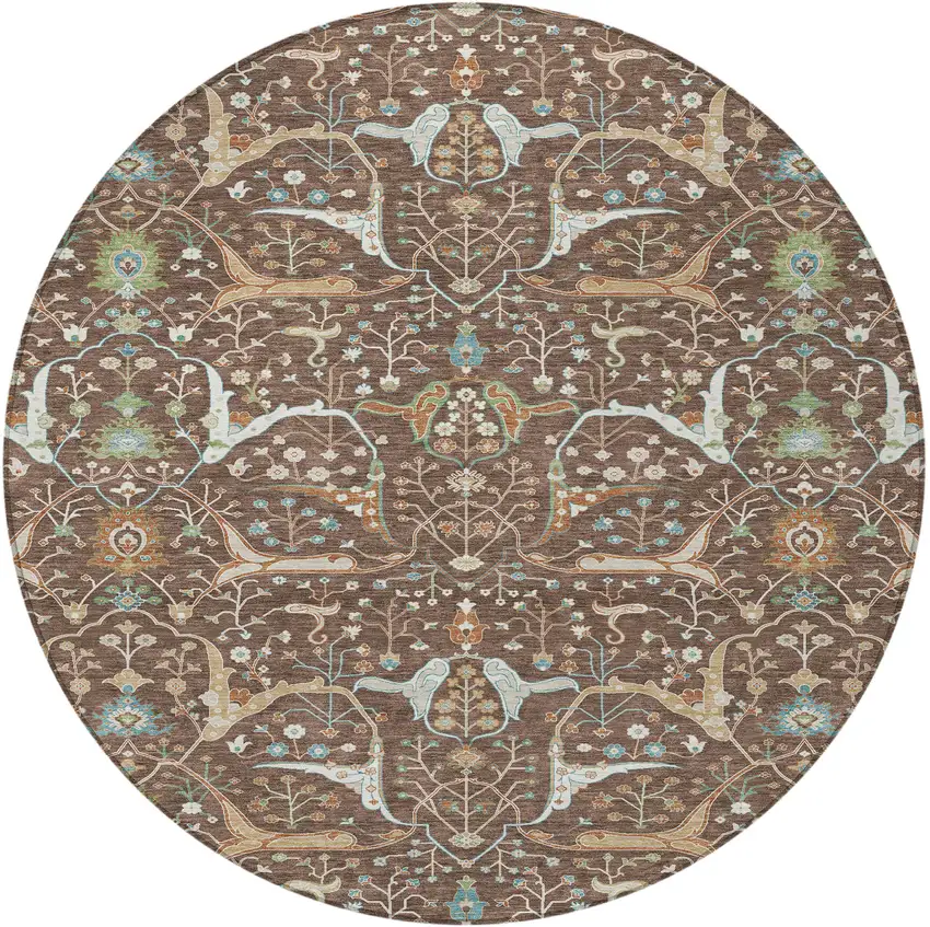 8' Brown Green And Ivory Round Floral Washable Indoor Outdoor Area Rug Photo 5