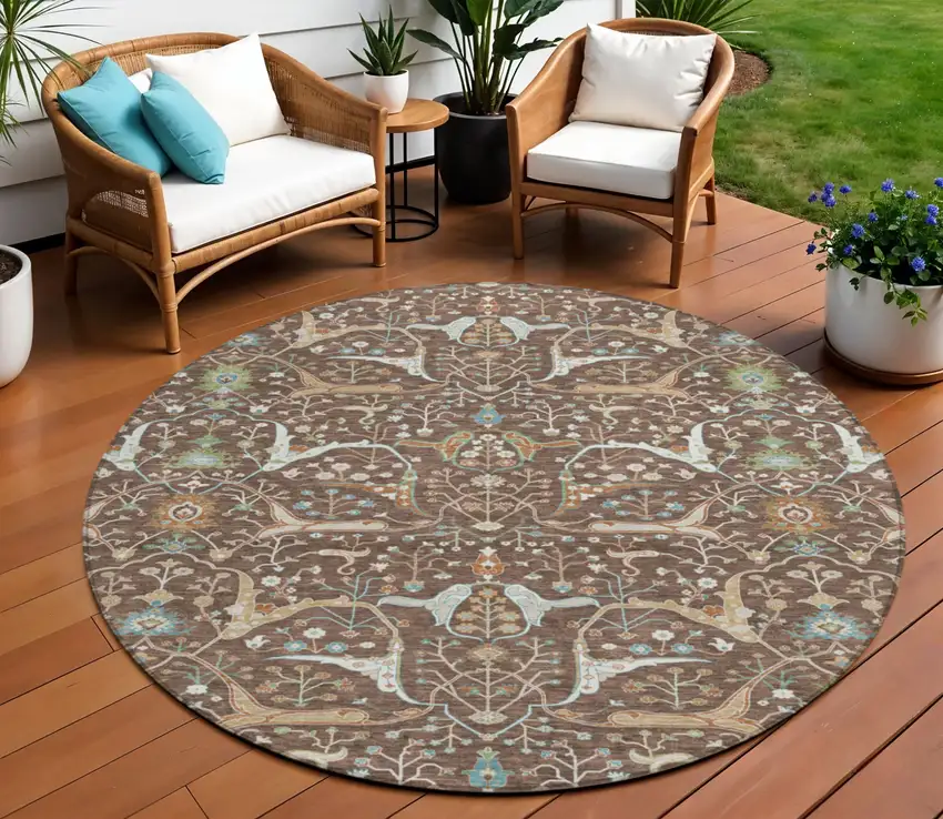 8' Brown Green And Ivory Round Floral Washable Indoor Outdoor Area Rug Photo 1