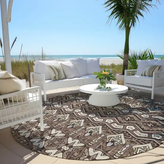 8' Brown Green And Ivory Round Moroccan Washable Indoor Outdoor Area Rug Photo 7