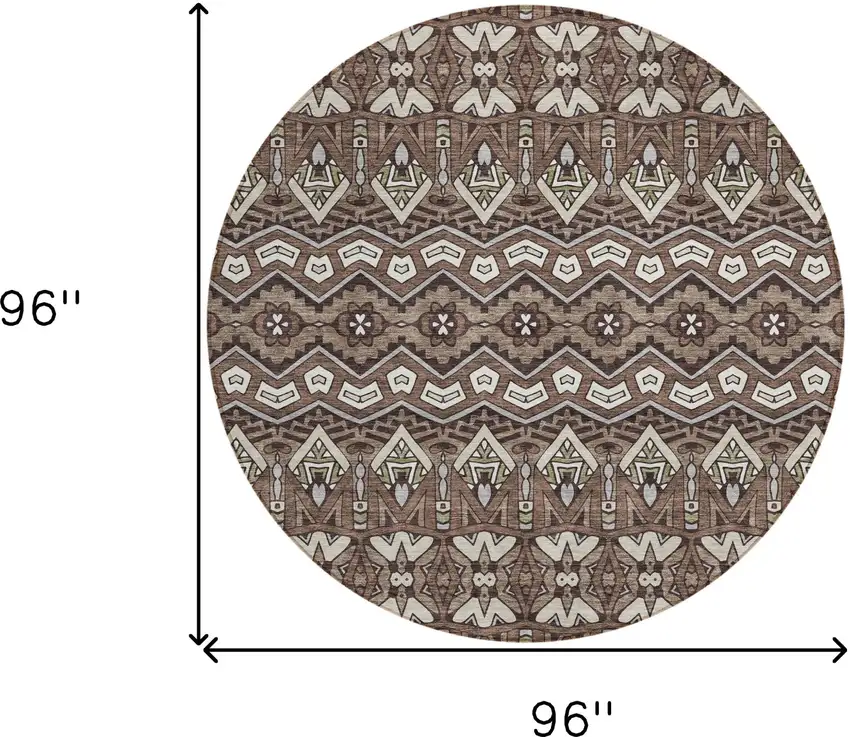 8' Brown Green And Ivory Round Moroccan Washable Indoor Outdoor Area Rug Photo 3