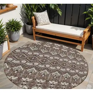 Photo of 8' Brown Green And Ivory Round Moroccan Washable Indoor Outdoor Area Rug
