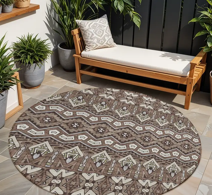 8' Brown Green And Ivory Round Moroccan Washable Indoor Outdoor Area Rug Photo 1