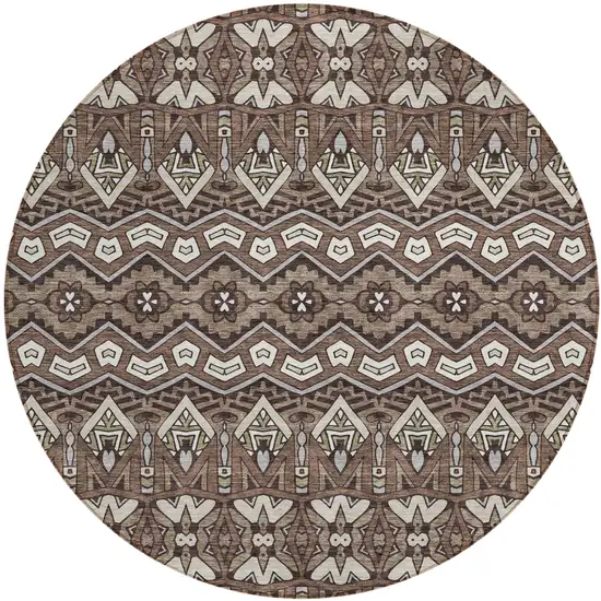 8' Brown Green And Ivory Round Moroccan Washable Indoor Outdoor Area Rug Photo 2