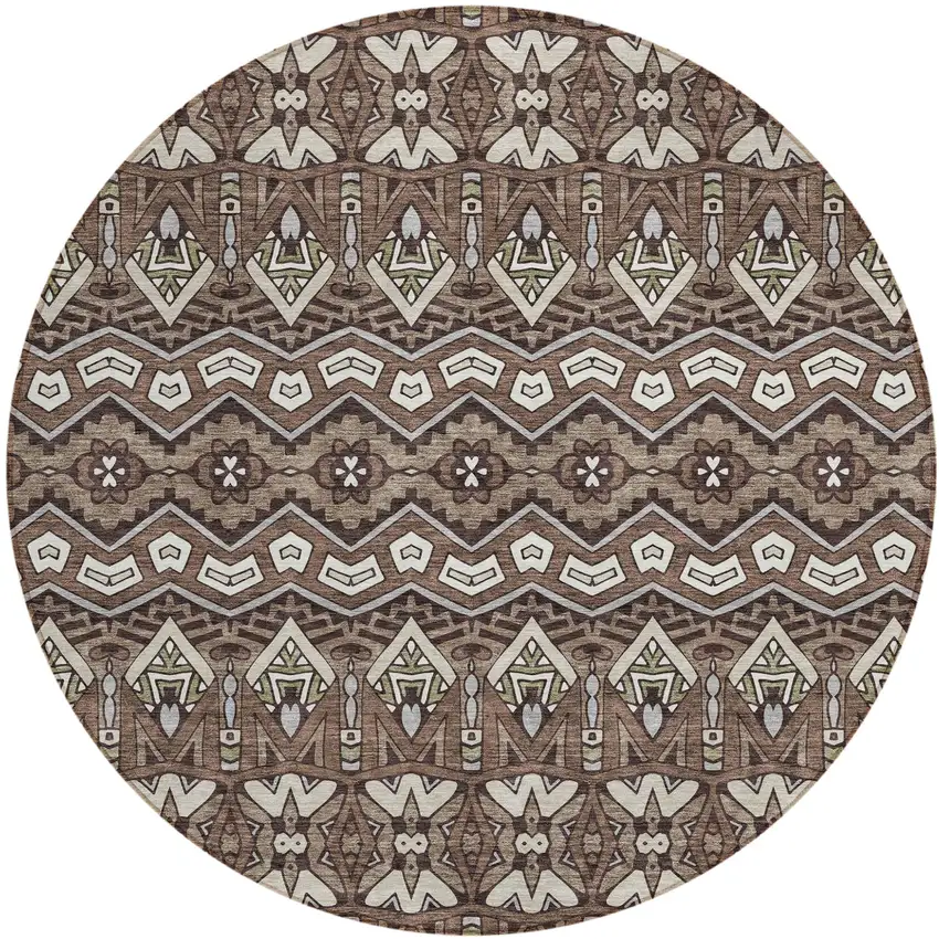 8' Brown Green And Ivory Round Moroccan Washable Indoor Outdoor Area Rug Photo 2
