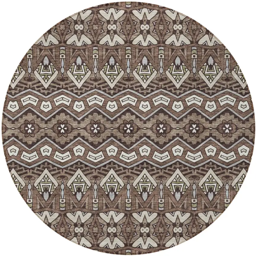 8' Brown Green And Ivory Round Moroccan Washable Indoor Outdoor Area Rug Photo 6