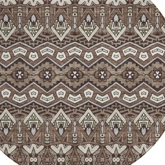 8' Brown Green And Ivory Round Moroccan Washable Indoor Outdoor Area Rug Photo 5