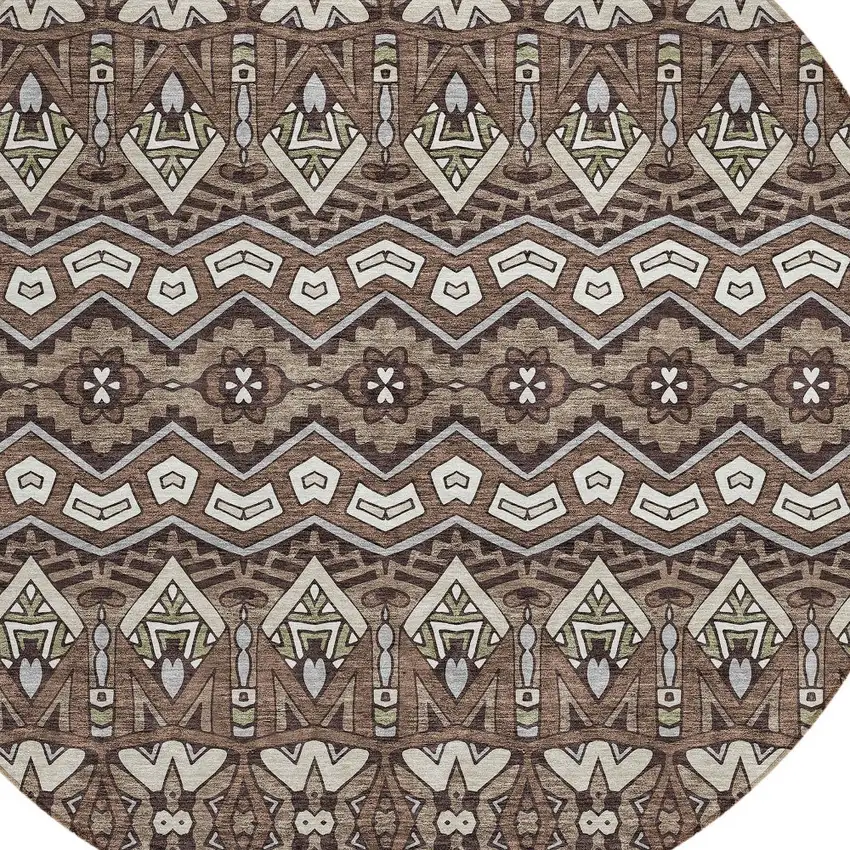 8' Brown Green And Ivory Round Moroccan Washable Indoor Outdoor Area Rug Photo 5