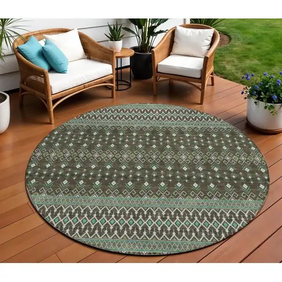 8' Brown Green And Olive Green Round Tribal Washable Indoor Outdoor Area Rug Photo 8