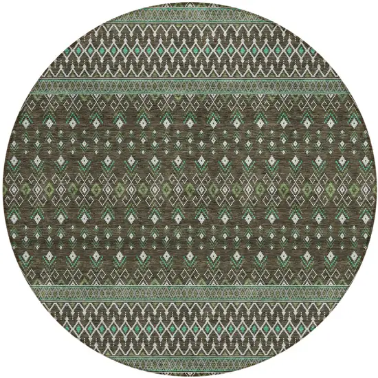 8' Brown Green And Olive Green Round Tribal Washable Indoor Outdoor Area Rug Photo 1