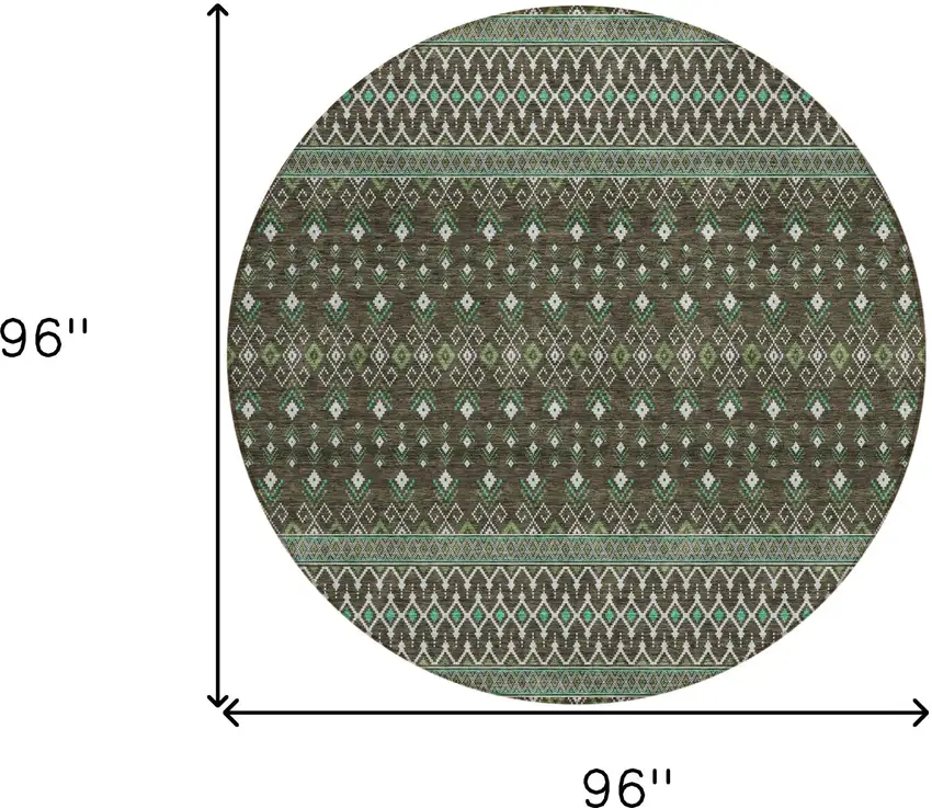 8' Brown Green And Olive Green Round Tribal Washable Indoor Outdoor Area Rug Photo 9