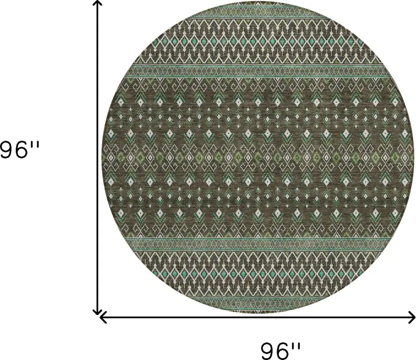 8' Brown Green And Olive Green Round Tribal Washable Indoor Outdoor Area Rug Photo 9