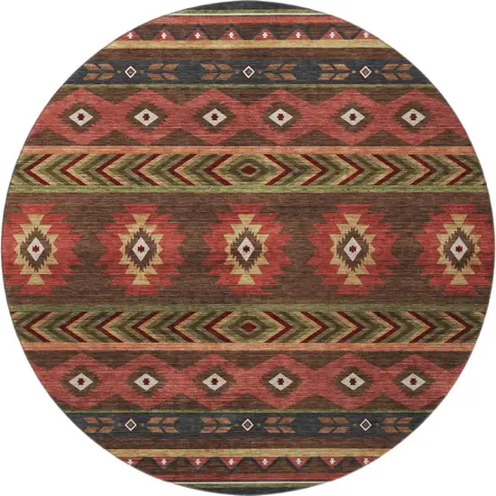 8' Brown Green And Rust Geometric Washable Round Rug With UV Protection Photo 4