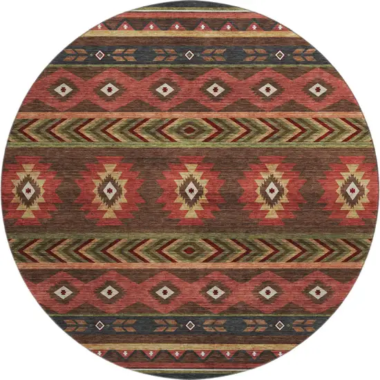 8' Brown Green And Rust Geometric Washable Round Rug With UV Protection Photo 2