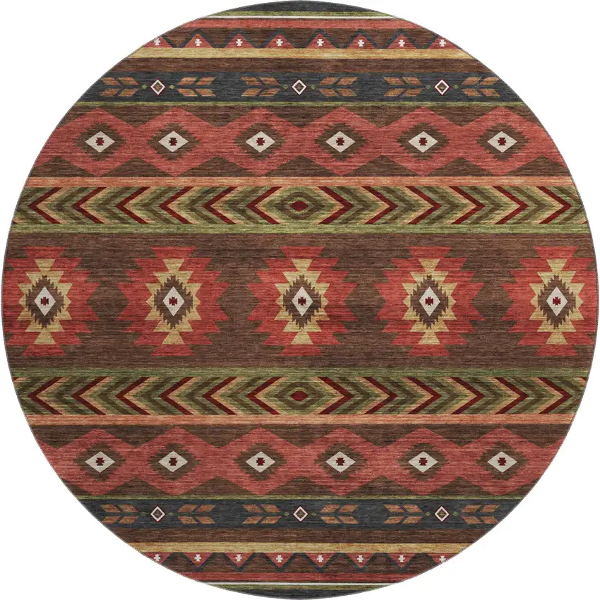 8' Brown Green And Rust Geometric Washable Round Rug With UV Protection Photo 2