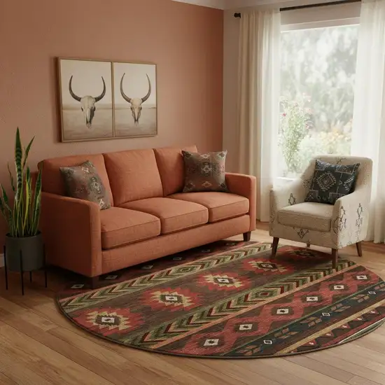 8' Brown Green And Rust Geometric Washable Round Rug With UV Protection Photo 1