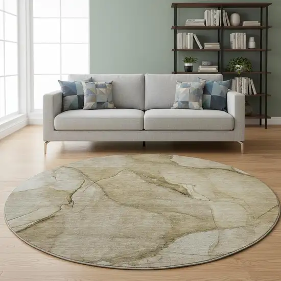 8' Brown Ivory And Beige Abstract Washable Round Rug With UV Protection Photo 2