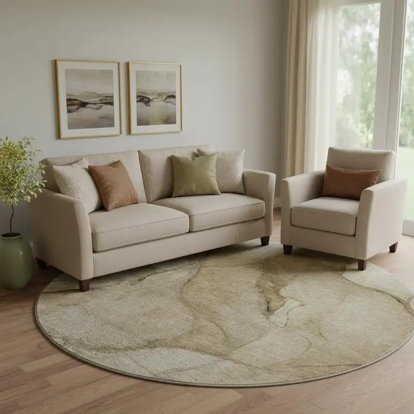 8' Brown Ivory And Beige Abstract Washable Round Rug With UV Protection Photo 1