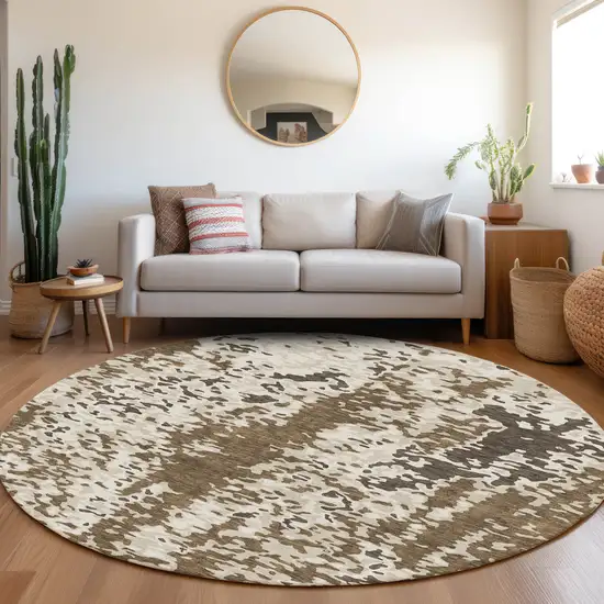 8' Brown Ivory And Beige Abstract Washable Round Rug With UV Protection Photo 4