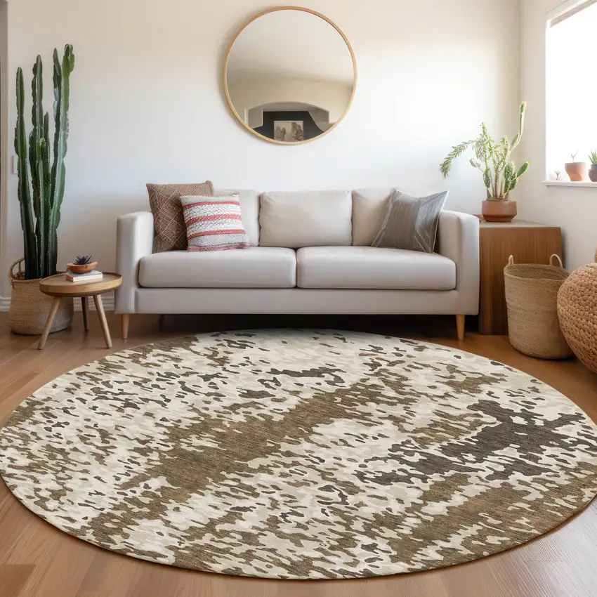 8' Brown Ivory And Beige Abstract Washable Round Rug With UV Protection Photo 4