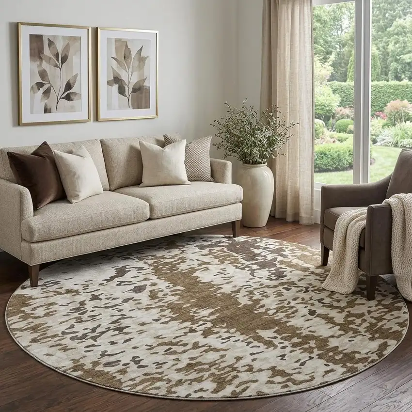 8' Brown Ivory And Beige Abstract Washable Round Rug With UV Protection Photo 1