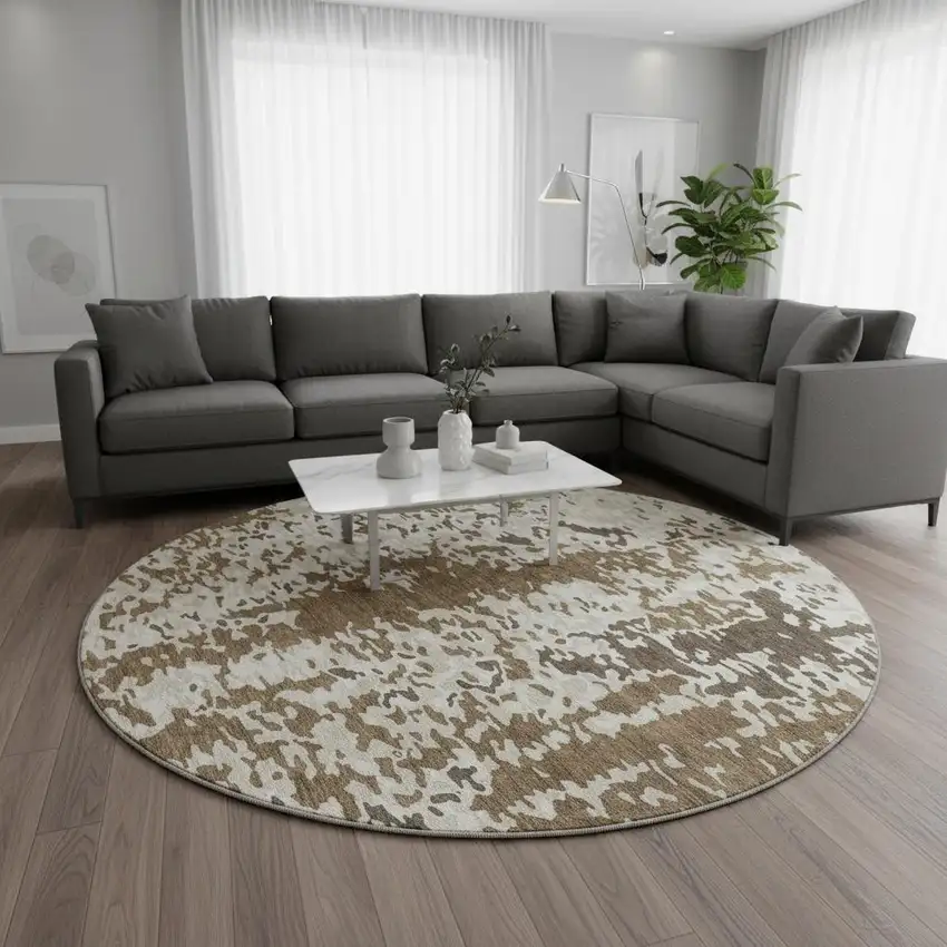 8' Brown Ivory And Beige Abstract Washable Round Rug With UV Protection Photo 2