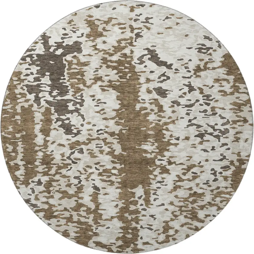 8' Brown Ivory And Beige Abstract Washable Round Rug With UV Protection Photo 3