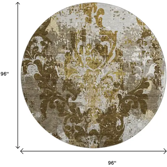 8' Brown Ivory And Beige Damask Washable Round Rug With UV Protection Photo 9