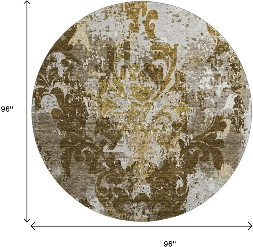 8' Brown Ivory And Beige Damask Washable Round Rug With UV Protection Photo 9