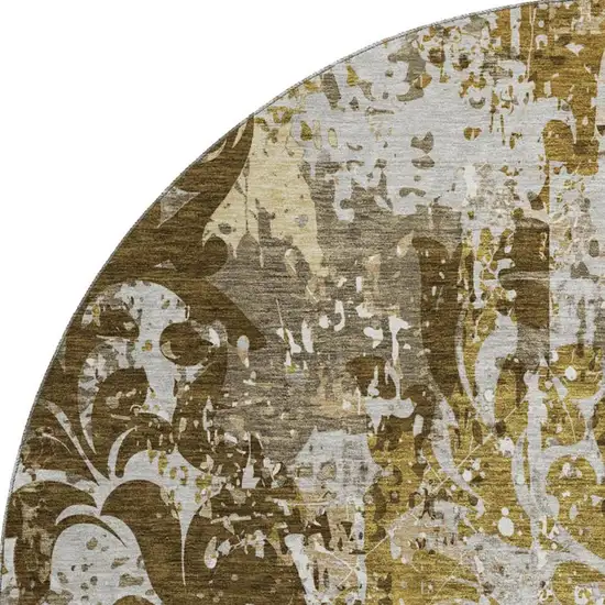 8' Brown Ivory And Beige Damask Washable Round Rug With UV Protection Photo 3
