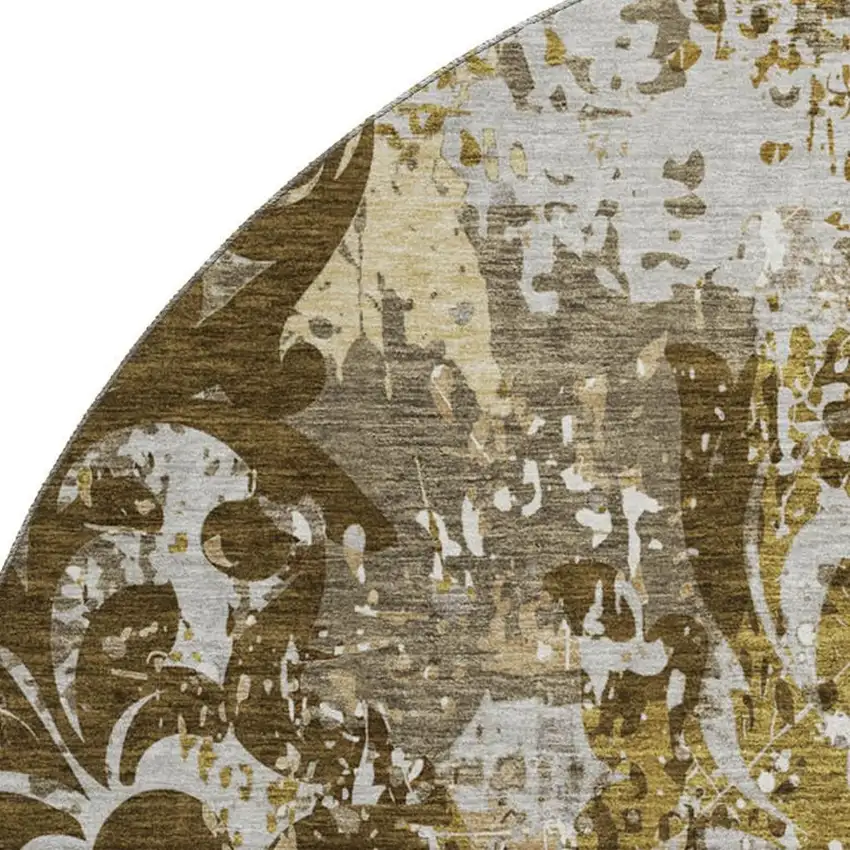 8' Brown Ivory And Beige Damask Washable Round Rug With UV Protection Photo 2