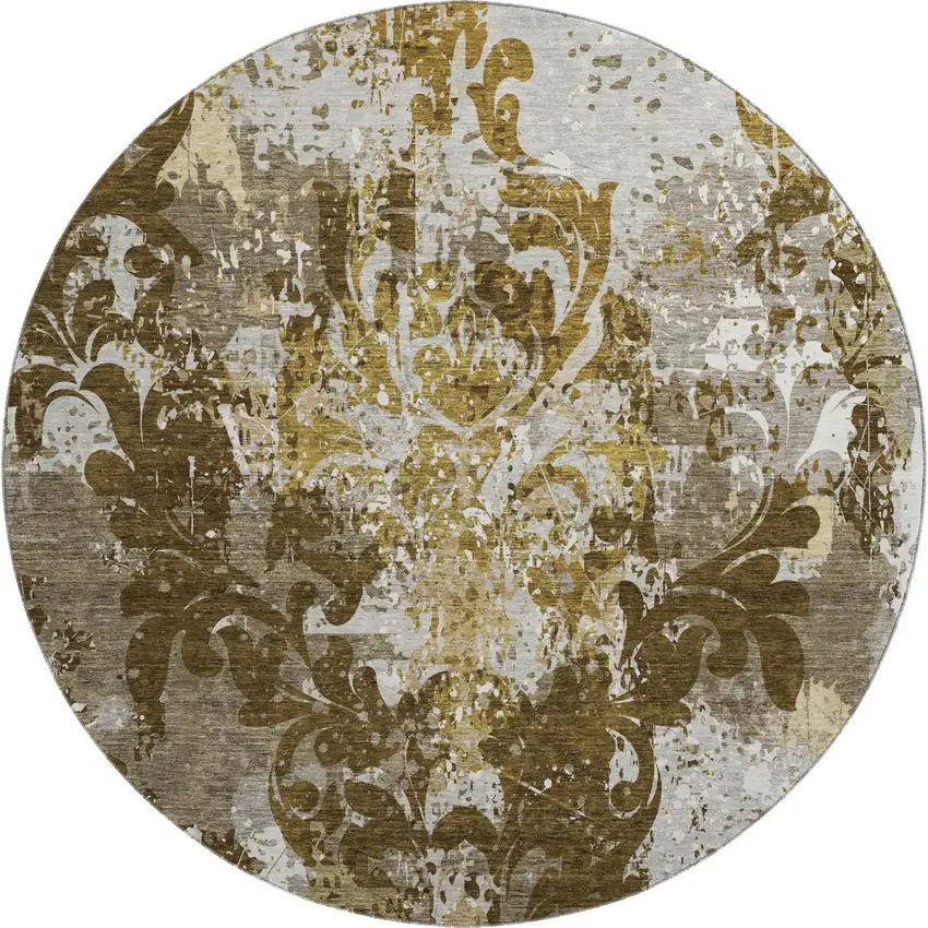 8' Brown Ivory And Beige Damask Washable Round Rug With UV Protection Photo 1