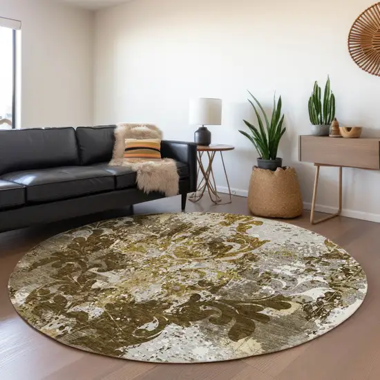 8' Brown Ivory And Beige Damask Washable Round Rug With UV Protection Photo 4