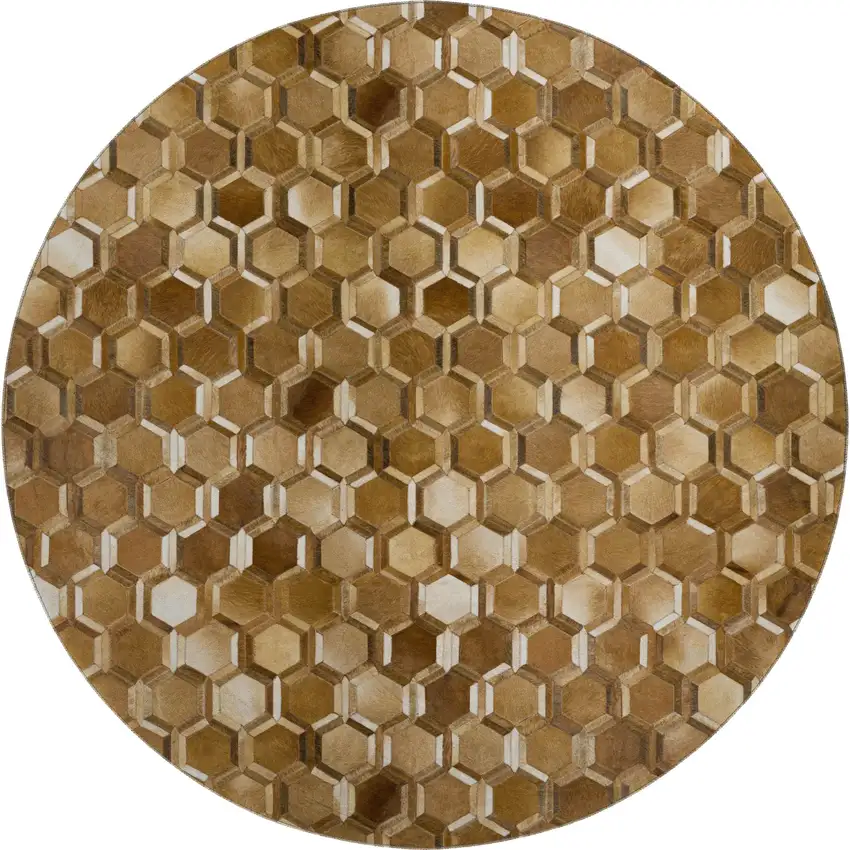 8' Brown Ivory And Beige Geometric Washable Round Rug With UV Protection Photo 2