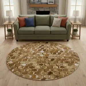 Photo of 8' Brown Ivory And Beige Geometric Washable Round Rug With UV Protection