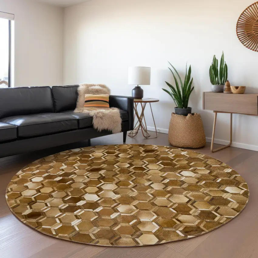 8' Brown Ivory And Beige Geometric Washable Round Rug With UV Protection Photo 5