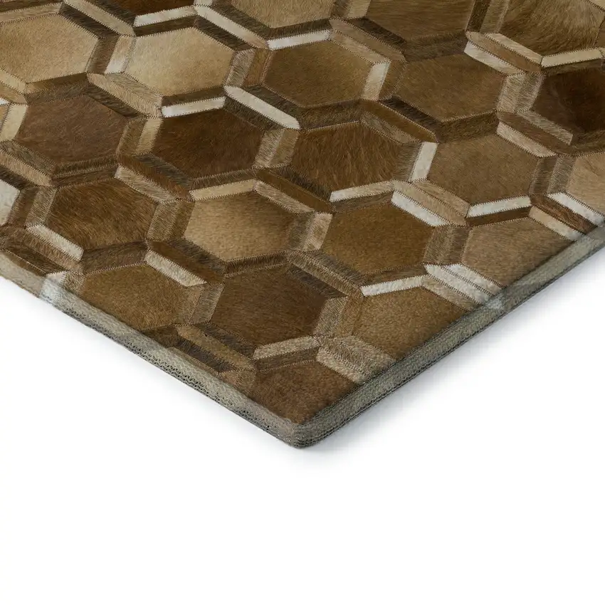 8' Brown Ivory And Beige Geometric Washable Round Rug With UV Protection Photo 7