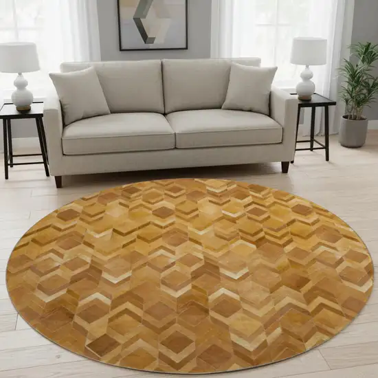8' Brown Ivory And Beige Geometric Washable Round Rug With UV Protection Photo 1