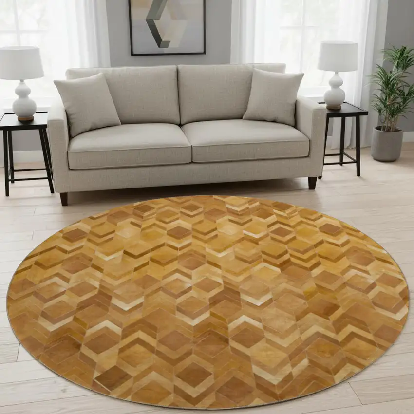 8' Brown Ivory And Beige Geometric Washable Round Rug With UV Protection Photo 1