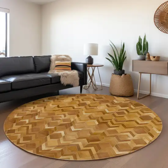 8' Brown Ivory And Beige Geometric Washable Round Rug With UV Protection Photo 5