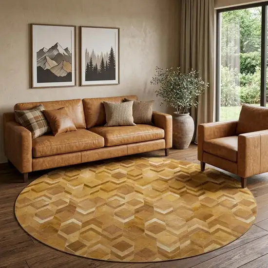 8' Brown Ivory And Beige Geometric Washable Round Rug With UV Protection Photo 1