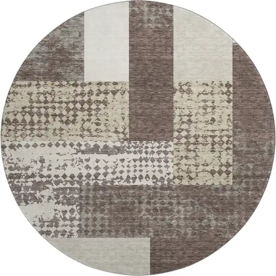 8' Brown Ivory And Beige Geometric Washable Round Rug With UV Protection Photo 1