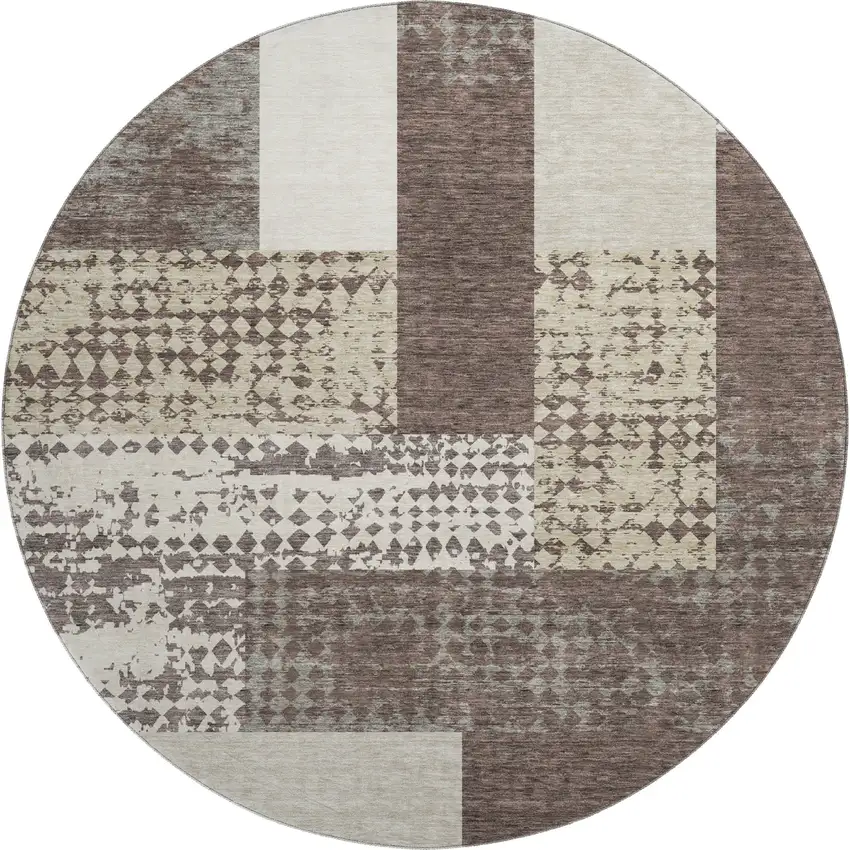 8' Brown Ivory And Beige Geometric Washable Round Rug With UV Protection Photo 1