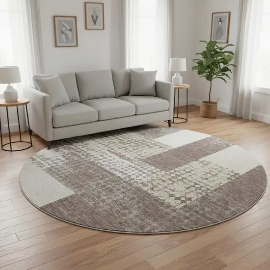 8' Brown Ivory And Beige Geometric Washable Round Rug With UV Protection Photo 2