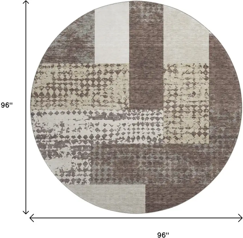 8' Brown Ivory And Beige Geometric Washable Round Rug With UV Protection Photo 9